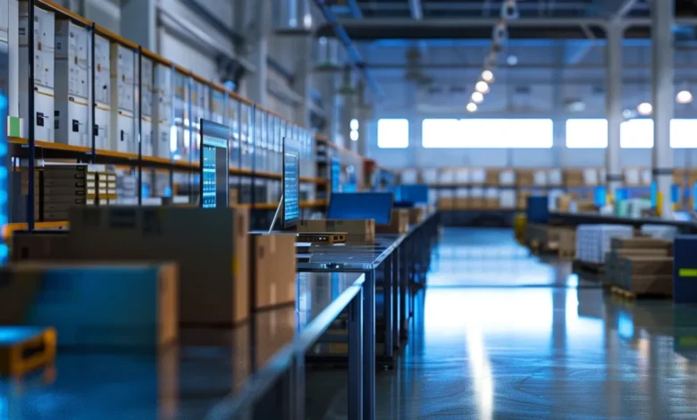 Warehouse with computer screens showing Kanban inventory control system